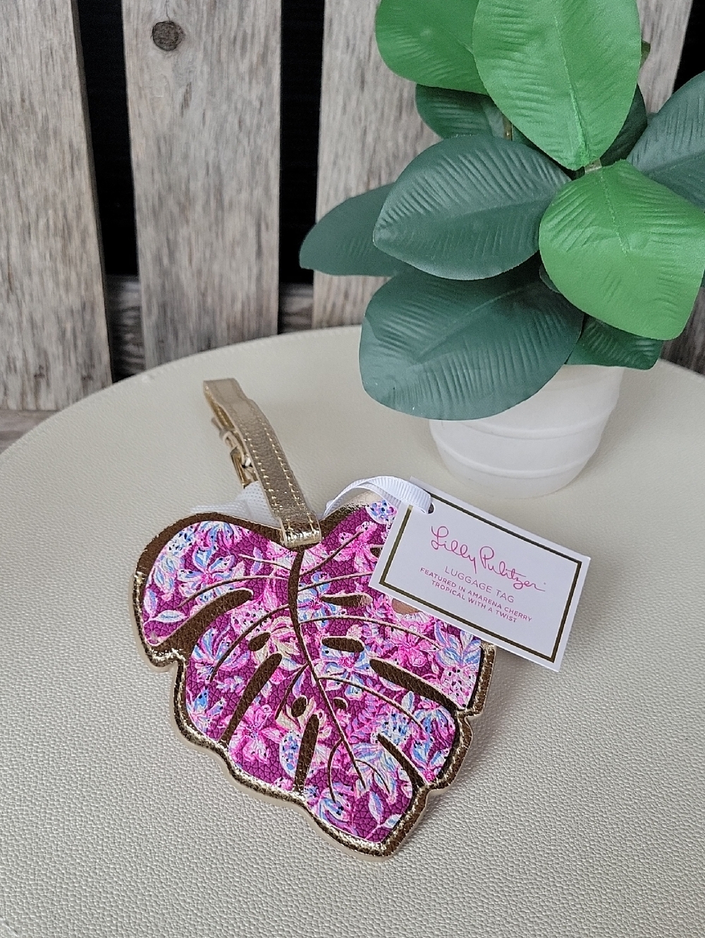 Lilly Pulitzer Pink & Gold Tropical Leaf Luggage Tag- Amereno Cherry